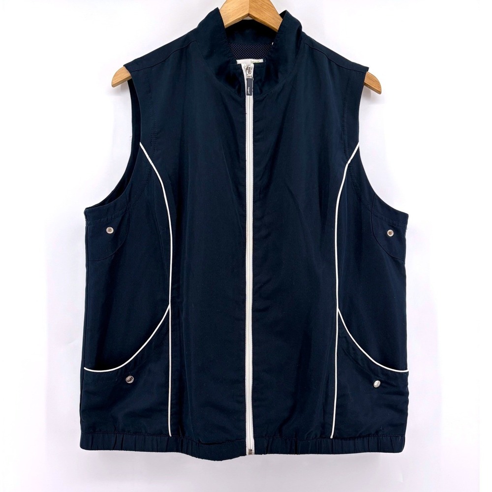 Lizgolf Navy Blue Full Zip Golf Vest White Piping Mock Neck Women Size XL